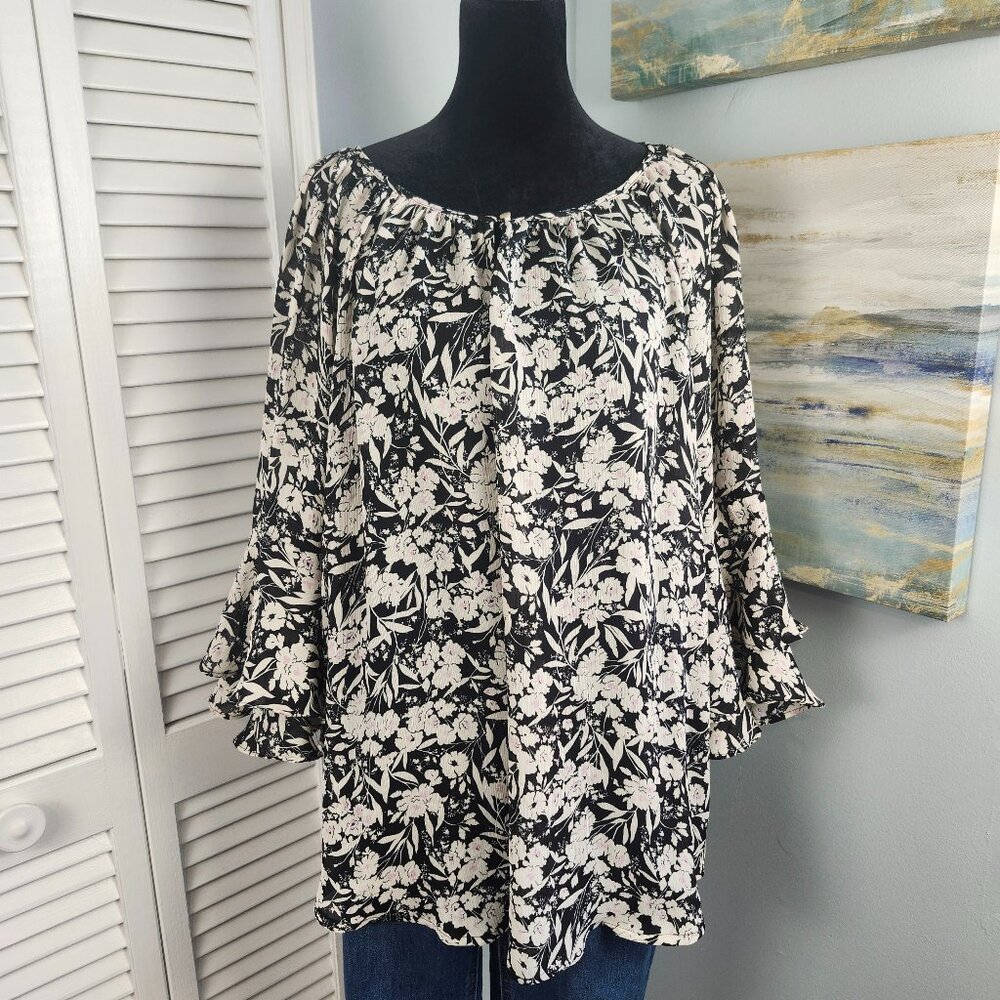 Chaps Black White Pink Floral Top Large Ruffle Sleeve Lightweight Romantic